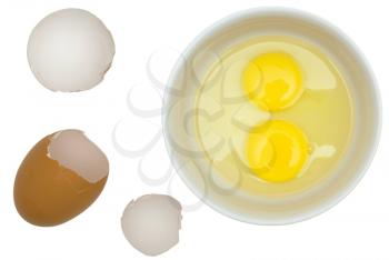 Shell of eggs, crude eggs in a plate on a white background.                   