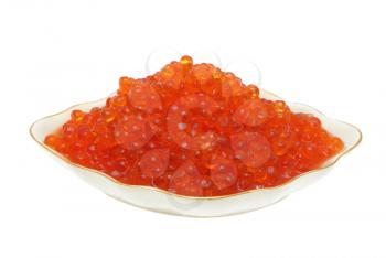Red caviar in a plate on a white background.                   