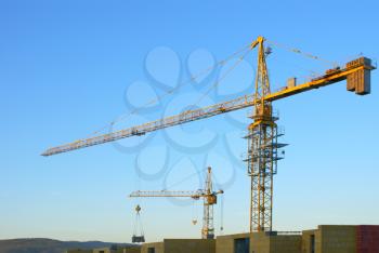 Building site with tower cranes against the sky.                    