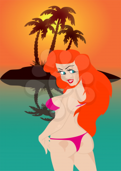 Sexual woman smiles against tropical island, file EPS.8 illustration.