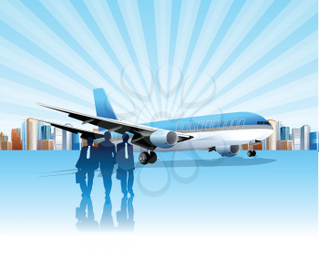 Royalty Free Clipart Image of Silhouettes in Front of an Airplane