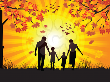 Royalty Free Clipart Image of a Family Walking in Autumn
