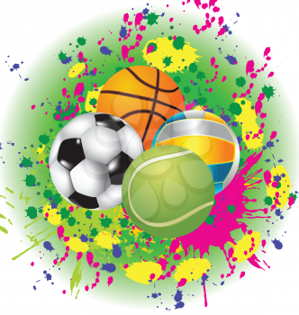 Royalty Free Clipart Image of Sports Balls on a Paint Spattered Background