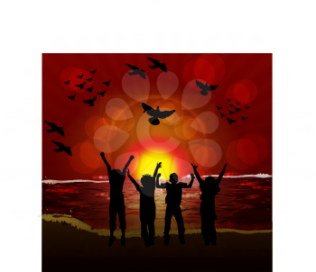 Royalty Free Clipart Image of Children Playing at Sunset