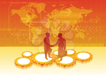 Royalty Free Clipart Image of Two Silhouettes on Cogs in Front of a Map of the World