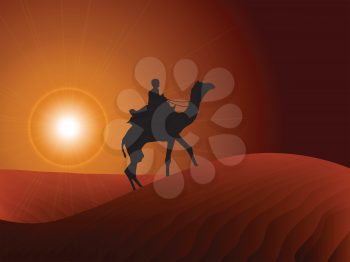 Royalty Free Clipart Image of a Camel and Rider Silhouetted Against a Sunset