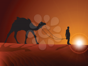 Royalty Free Clipart Image of a Camel Being Led Across the Desert at Sunset