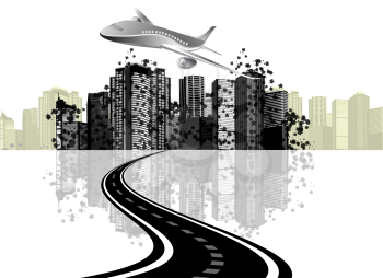 Royalty Free Clipart Image of a Road to a City With a Plane Flying Over