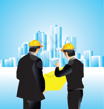 Royalty Free Clipart Image of Two Architects Looking at Buildings