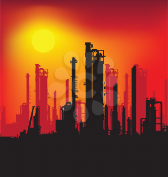 Royalty Free Clipart Image of a Refinery Plant in Silhouette at Sunrise