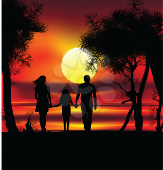 Royalty Free Clipart Image of a Family Walking at Sunset on the Beach