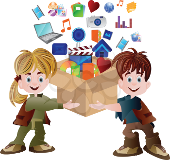 Royalty Free Clipart Image of Children With a Box of Multi-Media Icons