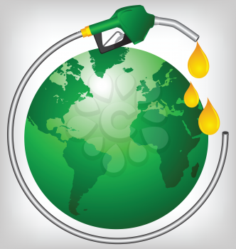 Royalty Free Clipart Image of a Green Globe With a Hose and Drops of Fuel