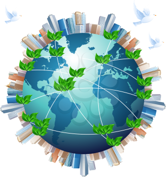 Royalty Free Clipart Image of Urban Landscapes Around a Globe With Birds