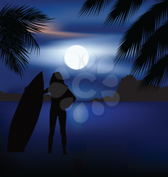 Royalty Free Clipart Image of a Silhouette of a Woman With a Surfboard