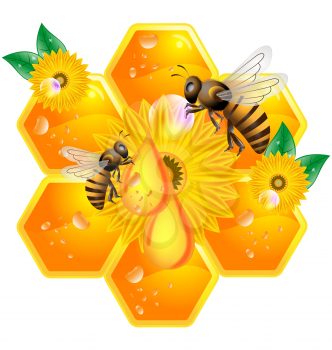 Royalty Free Clipart Image of a Bee, Flowers and Honeycomb
