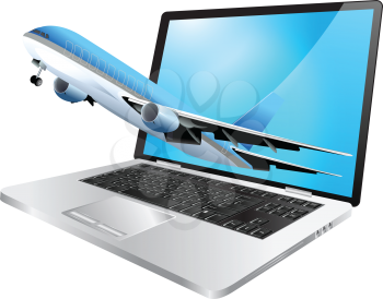 Royalty Free Clipart Image of a Plane Coming Out of a Computer