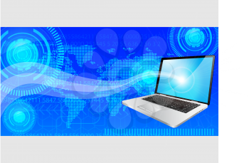 Royalty Free Clipart Image of a Blue Tech Background With a Laptop