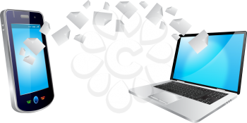 Royalty Free Clipart Image of a Laptop and Digital Tablet With Papers Between Them