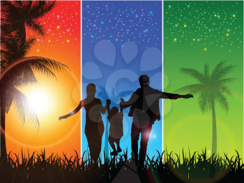 Royalty Free Clipart Image of a Silhouetted Family on a Tri-Colour Background