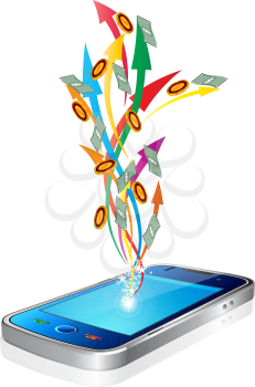 Royalty Free Clipart Image of Money Coming Out of a Cellphone
