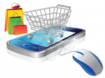 Royalty Free Clipart Image of a Shopping Cart on a Phone With a Mouse and Bags