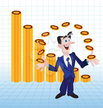 Royalty Free Clipart Image of a Man Juggling Money With a Graph Behind Him