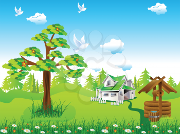 Royalty Free Clipart Image of a Small House With a Tree and Wishing Well