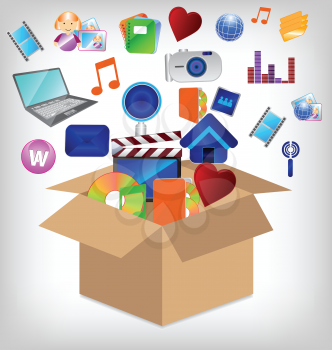 Royalty Free Clipart Image of Icons Coming From a Box