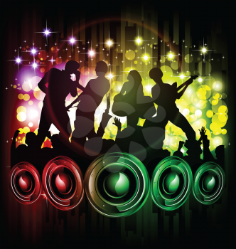 Royalty Free Clipart Image of a Band on a Disco Background