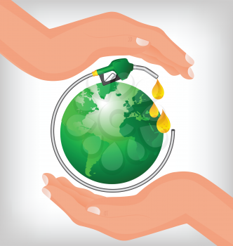 Royalty Free Clipart Image of Two Hands Around a Gas Hose Around a Green Globe