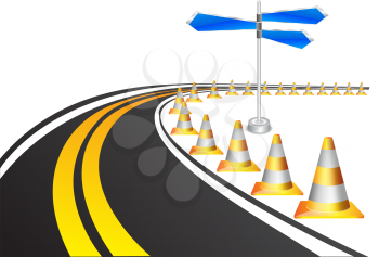 Royalty Free Clipart Image of a Road With Traffic Cones and a Sign