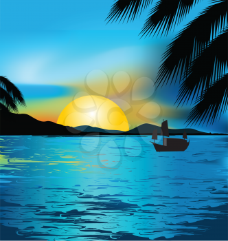 Royalty Free Clipart Image of a Boat in the Water at Sunset