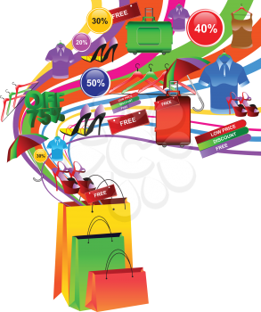 Royalty Free Clipart Image of a Shopping Bag With Sales Tags and Clothes Above It