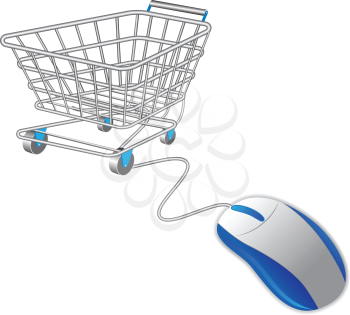Royalty Free Clipart Image of a Shopping Cart and Computer Mouse