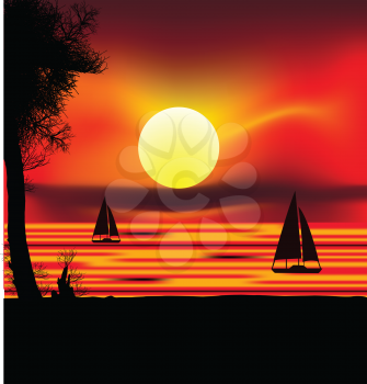 Royalty Free Clipart Image of Sailboats at Sunset