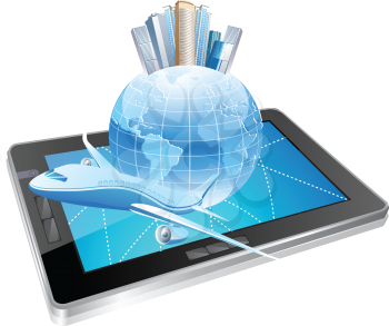 Royalty Free Clipart Image of an Airplane and Globe With a Digital Tablet