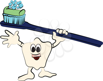Royalty Free Clipart Image of a Tooth Holding a Toothbrush and Toothpaste