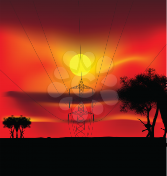 Royalty Free Clipart Image of Power Lines at Sunset