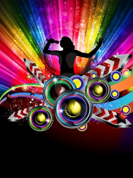 Royalty Free Clipart Image of a Silhouette of a Woman Singing Into a Microphone on a Rainbow Background