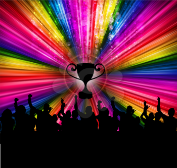 Royalty Free Clipart Image of a Silhouetted Crowd on a Multi-Coloured Background