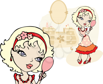 Royalty Free Clipart Image of a Girl With a Mirror