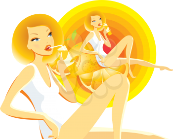 Royalty Free Clipart Image of a Girl Sipping Orange Juice