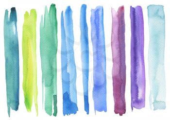 Set of colorful watercolor brush strokes. Isolated on white. Paper texture.