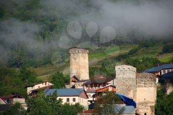 Georgia, Svaneti, Mestia. Village landscape. Svan towers.