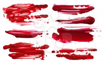 Red abstract acrylic color brush strokes blots. Collection. Isolated on black and white. 