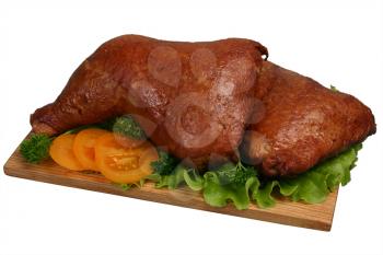 Smoked chicken with tomato, celery and lettuce on wooden board.