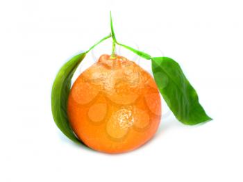 Fresh orange with green leaves isolated on a white background