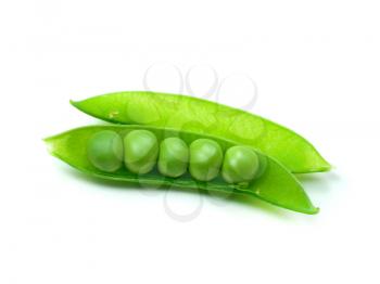 Fresh green pea pod and peas isolated on white background.