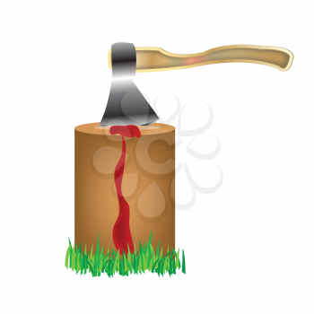 Royalty Free Clipart Image of an Axe in a Stump With Blood Flowing Down
